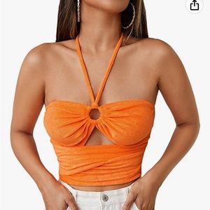 Orange halter neck tie crop top